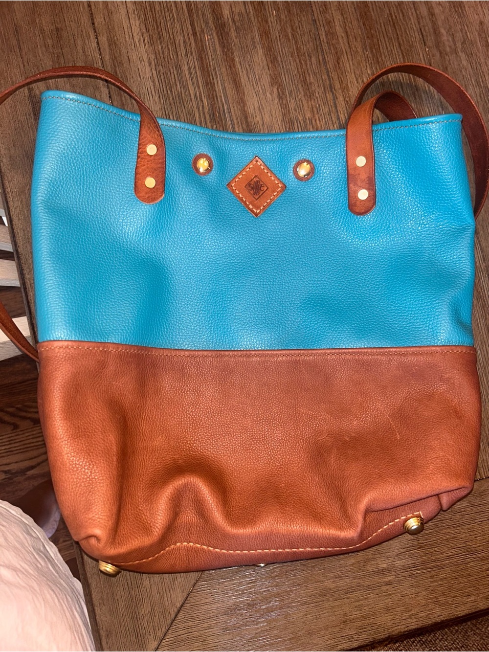 Handmade Genuine Leather Two-Tone Turquoise Brown Tote Bag